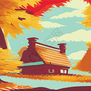 黄昏 日落和夕阳的秋季农村风景 以林树为背景的秋季乡村矢量漫画天气环境公园季节生长天空叶子橙色场地阴影图片