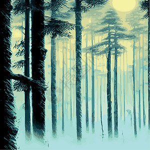 印刷神秘森林 夜暗雾林的背景景观 卡通彩色的泰加黑图示Taiga dark星星场景卡片公园小路绘画月亮树木森林天空图片