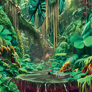 印刷的外来雾森林自然林地貌 矢量说明 风景双影 浓树 鲜花泉热带野生动物异国植物学绿色植物分支机构插图艺术热带雨林多样性图片