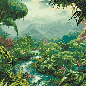 森林景观背景图示 由树叶和树叶制成的装饰品 在林地上展示插图丛林椰子国家植物苦力装饰反射天堂异国图片