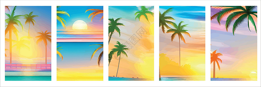 与现实剪影棕榈树日落海滩卡 与晴朗的天空 棕榈树海滩的热带风景 暑假热带植物 海洋海浪 向量集的垂直海报旅游太阳旅行支撑标识天堂图片