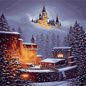 雪 雪花 夜晚 月亮 冬季风景 矢量图小孩子们 注明信片艺术品暴风雪刻字大厦反射艺术城堡建筑问候图片