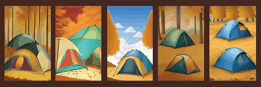 秋天农村景观的矢量说明 森林附近有一片露营地 金 红和黄球覆盖着多彩树木 秋季垂直海报集 传单 着陆页设计等旅行橙子假期天空帐篷图片