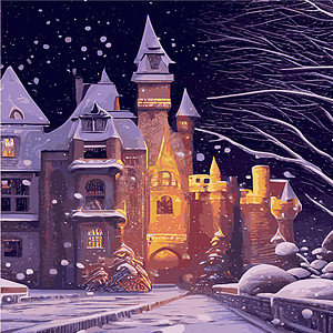 雪 雪花 夜晚 月亮 冬季风景 矢量图小孩子们 注天空蓝色枞树建筑历史地形日落问候城堡工艺图片