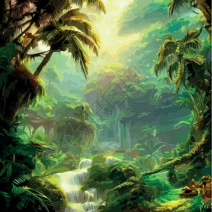 印刷的外来雾森林自然林地貌 矢量说明 风景双影 浓树 鲜花泉丛林叶子热带雨林花园多样性植物异国蕨类灌木丛图片