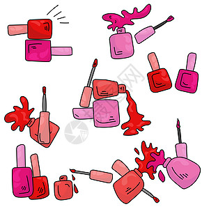 一组带刷子和喷溅的亮指甲油 带清漆的红色和粉色瓶子 用于修指甲或修脚图片