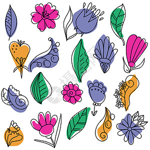 彩色斑点 线形卷卷和设计图纸上涂满了假冒植物 叶子和花朵的面条图片
