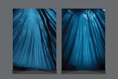一套垂直的海报 在深夜森林中用蓝色烟雾罐装着树木的轮廓 神秘极了天空恶魔地平线魔法月光墙纸公园冒险山脉庆典图片