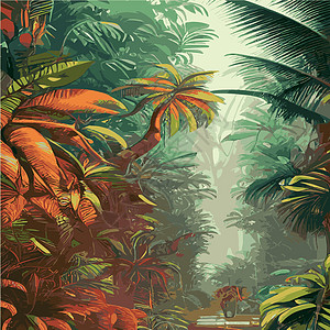 印刷多彩热带雨林 棕榈叶和其他植物 阿洛哈纺织品收集 茂密的热带森林棕榈插图植物学橙子背光公园树木木头荒野装饰图片