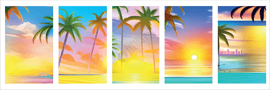 与现实剪影棕榈树日落海滩卡 与晴朗的天空 棕榈树海滩的热带风景 暑假热带植物 海洋海浪 向量集的垂直海报旅游收藏机构阳光夜生活天图片