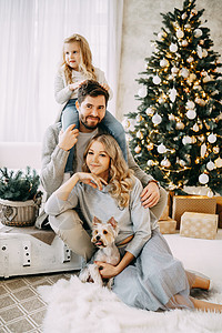 幸福的家庭 妈妈 爸爸和宠物 家庭在明亮的新年内地 有圣诞树喜悦母亲微笑庆典动物父亲家居正面生活婴儿背景图片