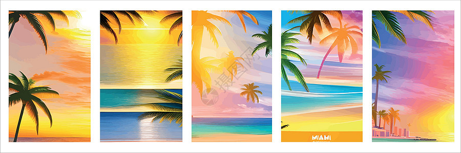 与现实剪影棕榈树日落海滩卡 与晴朗的天空 棕榈树海滩的热带风景 暑假热带植物 海洋海浪 向量集的垂直海报旅游坡度天堂阳光城市假期图片