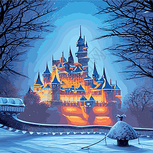 雪 雪花 夜晚 月亮 冬季风景 矢量图小孩子们 注问候堡垒蓝色废墟魔法天空问候语插图艺术女王图片