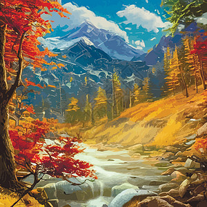 秋天用多彩的树木和一座山在蓝云天空上绘制移动式传统病媒景观图示场景艺术松树森林绘画荒野地平线草地墙纸帆布图片