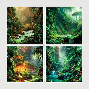 绿色地貌热带神秘奇特的森林 丛林厚壁 横向背景 都放在了正方形柱子上界面植物植物群异国高度旅游支那野生动物动物群季节图片