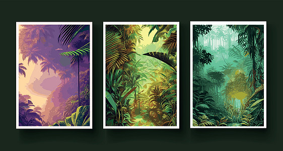 设置垂直海报 五颜六色的热带雨林 棕榈叶 其他植物 阿罗哈纺织品系列 热带森林植被茂密 乔木 灌木藤蔓 风景与绿色的花朵生物学插图片