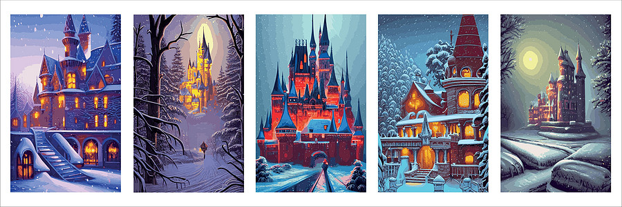 雪 雪花 冬季风景 有童话的矢量插图孩子艺术天空建筑场景明信片城堡魔法蓝色刷子公园图片