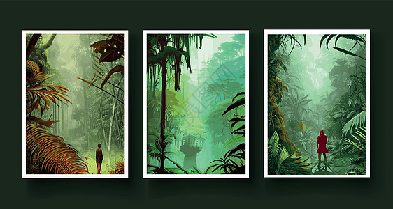 设置垂直海报 五颜六色的热带雨林 棕榈叶 其他植物 阿罗哈纺织品系列 热带森林植被茂密 乔木 灌木藤蔓 风景与绿色的花朵插图哺乳图片
