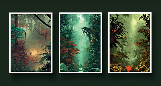 设置垂直海报 五颜六色的热带雨林 棕榈叶 其他植物 阿罗哈纺织品系列 热带森林植被茂密 乔木 灌木藤蔓 风景与绿色的花朵野生动物图片