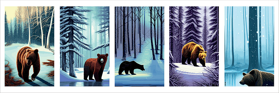 愤怒 饥饿的熊在冬天不睡觉和散步 矢量扁卡通插图设置了海报哺乳动物婴儿矿物质动物草图卡通片野生动物场景水彩森林图片