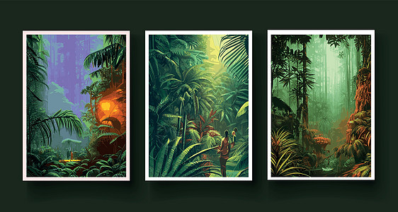 设置垂直海报 五颜六色的热带雨林 棕榈叶 其他植物 阿罗哈纺织品系列 热带森林植被茂密 乔木 灌木藤蔓 风景与绿色的花朵插图雨林图片
