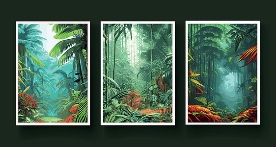 设置垂直海报 五颜六色的热带雨林 棕榈叶 其他植物 阿罗哈纺织品系列 热带森林植被茂密 乔木 灌木藤蔓 风景与绿色的花朵树木公园图片