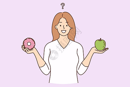 微笑的妇女选择健康食品和不健康食品数字卡通片绘画水果烹饪重量诱惑损失饮食运动装图片