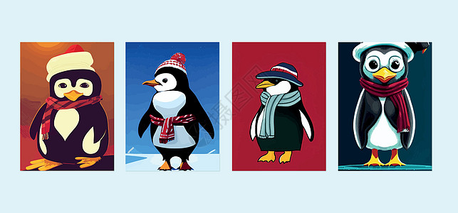 一套带小企鹅穿冬衣的线条图案 手工绘制矢量图例 成套线条图案男生帽子蓝色野生动物衣服孩子朋友们动物产妇企鹅图片