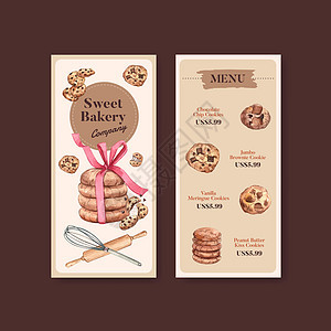 带有自制饼干概念 水彩色风格的菜单模板烘烤棕色插图餐厅小吃甜点糕点椰子营销巧克力图片