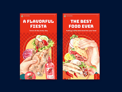 带有玉米卷日概念 水彩色风格的Instagram模板菜单水彩小酒馆插图流行音乐营销小吃媒体社交广告图片