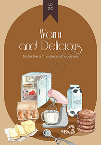 带有自制饼干概念 水彩色风格的海报模板广告小册子糕点食物椰子餐厅水彩插图巧克力芯片图片