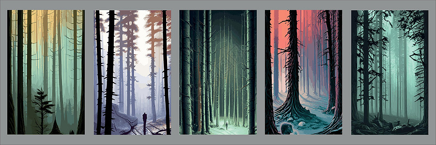 设置垂直背景的暗紫色森林 并配有雾薄光矢量图示 光露的环形树传单木头云杉标题冒险艺术针叶插图枞树月亮图片
