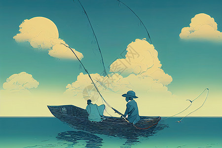 一只老渔夫和他的小猫在船上钓鱼 在海上用网钓鱼图片