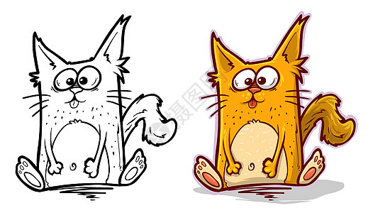 卡通可爱的笑笑 坐在小红头猫黑色蓝色小猫绿色绘画插图宠物阴影橙子灰色图片