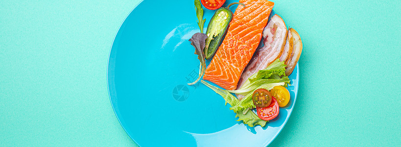 断断断断续续的节食低碳脂高脂肪饮食概念平板固定 蓝盘上健康食品蓝色营养间隔盘子时间小时代谢食物化合物早餐图片