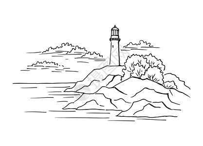 海景 灯塔 手画图解转换成矢量 海滨图形景观素描图示矢量天空海洋海浪手绘建筑海滩艺术墨水探照灯旅行图片
