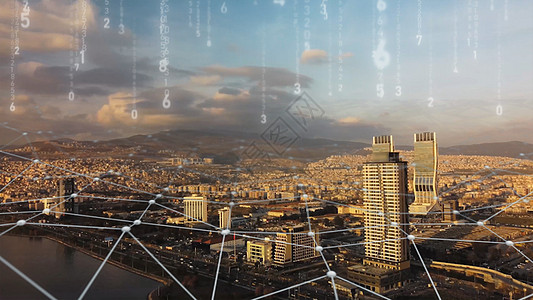 带有连接的伊兹密尔天际线鸟瞰图 科技未来派 通过网络连接的金融区的高科技视图 物联网 人工智能建筑数据创新电波摩天大楼视觉社会转图片