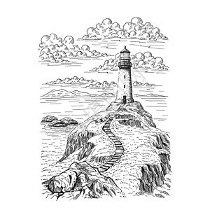海景 灯塔 手画图解转换成矢量 海滨图形景观素描图示矢量墨水导航海洋海滩手绘探照灯岩石支撑房子海浪图片