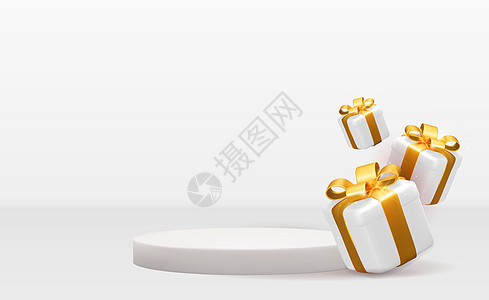 白色背景上带有礼品盒的现实的3D白祭坛 复制空间矢量插图博览会产品陈列柜推介会展示设计礼物小样3d盒子图片