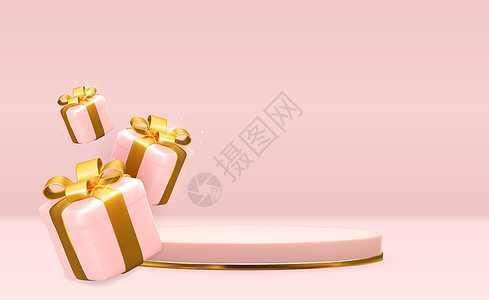 3D礼品盒 粉色糊面天然背景上的玫瑰金首饰 Trindy空讲台展示 用于化妆品产品演示 时尚杂志 复制空间矢量说明推介会丝带礼物图片