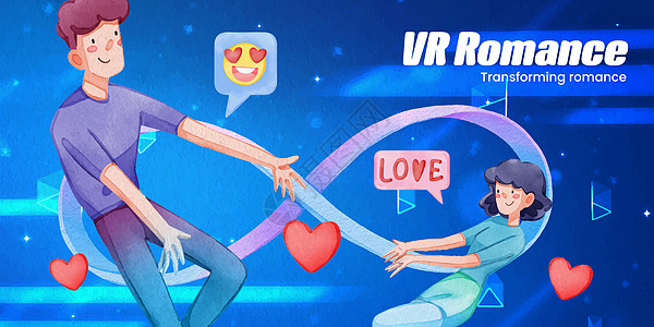 VR 约会概念 水彩色风格的博客头模板媒体插图营销社交水彩宇宙会议男人卡通片耳机图片