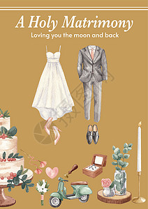 婚礼蛋糕带有华丽绿色婚礼概念 水彩风格的海报模板夫妻礼物广告派对插图玫瑰教会裙子传单庆典插画