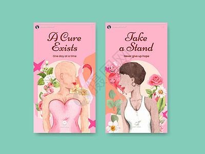 带有乳腺癌概念 水彩色风格的Instagram模板媒体团结社区疾病赞助国家社交女士女孩营销图片
