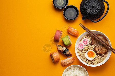 一套日式日本盘子午餐肉汤筷子面条美食蛋黄橙子框架酱油寿司图片