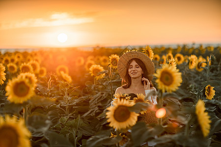 一个戴着帽子的女孩在美丽的向日葵田上 在夏日夕阳的夕阳中映衬着天空 阳光穿过花田 自然背景太阳香气日落种植园植物射线天堂彩虹叶子图片