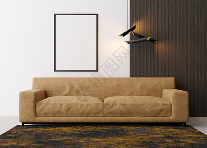 现代客厅白墙上的空垂直相框 模拟现代风格的室内装饰 图片 海报的自由空间 棕色真皮沙发 地毯 灯具 3D 渲染图片