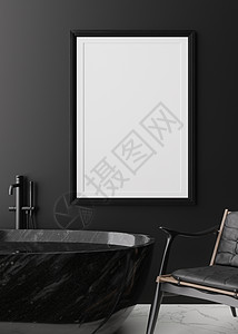 现代和豪华浴室黑墙上的空垂直相框 模拟现代风格的室内装饰 自由空间 为您的图片 海报复制空间 浴缸 皮革扶手椅 3D 渲染图片
