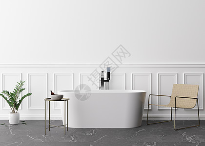 现代和豪华浴室的空白墙 模拟经典风格的内饰 自由空间 为您的图片 文字或其他设计复制空间 浴室 桌子 扶手椅 手掌 3D 渲染图片