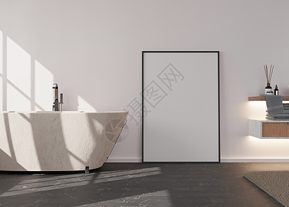 站在现代浴室地板上的空白垂直相框 模拟现代风格的室内装饰 图片 海报的自由空间 浴室 地毯 3D 渲染图片