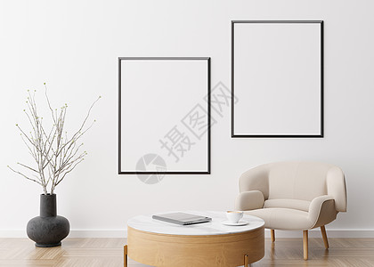 现代客厅白墙上的两个空垂直相框 模拟现代风格的室内装饰 图片 海报的自由空间 扶手椅 桌子 花瓶 3D 渲染图片